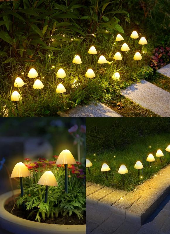 Photo 2 of Solar Mushroom Garden Lights for Outside, 20 LED 32.8FT Solar String Lights Outdoor Waterproof for Fence with 8 Lighting Modes, Solar Pathway Lights for Patio Yard Decorative