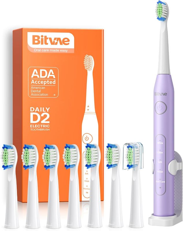Photo 1 of Bitvae R1 Rotating Electric Toothbrush with 8 Brush Heads for Adults and Kids, 60-Day Battery Life, 5 Modes Rechargeable Power Toothbrush with 2-Minute Smart Timer, "purple"