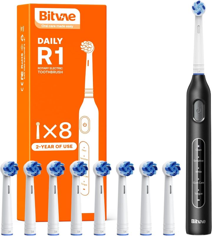 Photo 1 of Bitvae R1 Rotating Electric Toothbrush with 8 Brush Heads for Adults and Kids, 60-Day Battery Life, 5 Modes Rechargeable Power Toothbrush with 2-Minute Smart Timer, Black