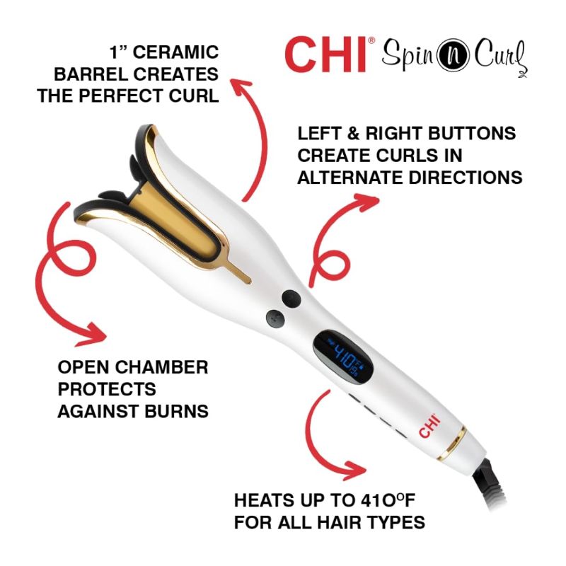 Photo 1 of CHI Spin N Curl 1" Ceramic Rotating Curler In White, 1 Pound. Ideal for Shoulder-Length Hair between 6-16” inches.