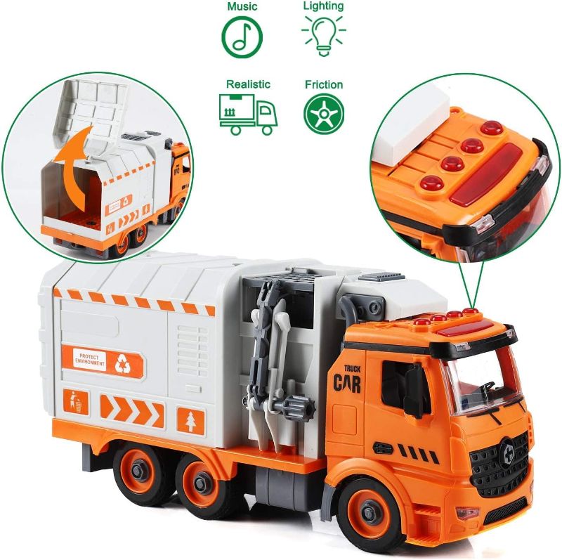 Photo 1 of Garbage Truck Toys, DIY Realistic Recycling Trash Truck Toy with Light and Sound, 4 Trash Cans, Gifts for 3 4 5 6 7 8 Year Old Boys Girls Toddlers