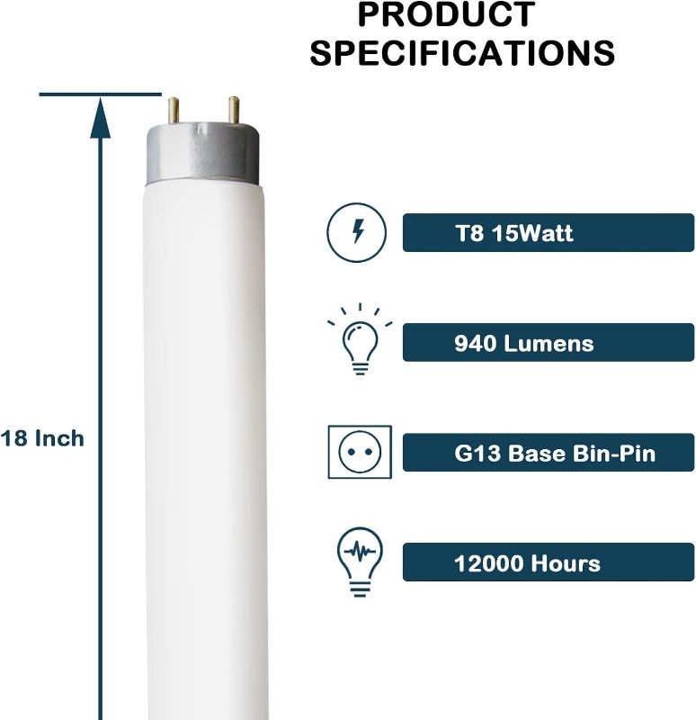 Photo 2 of 18" F15T8-CW 15 Watt Cool White,T8 Fluorescent Linear Tube Lamp,Replacement Bulb for Philips Alto ECO GE Staco Light Fixture,G13 Bi-Pin Base,4100K (4PACK) 