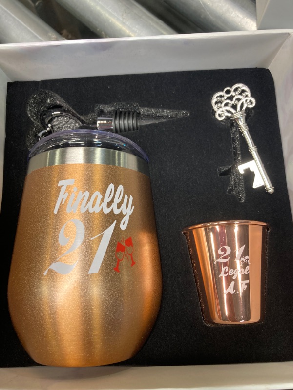 Photo 3 of 21st Birthday Gifts For Women, Funny Birthday Wine Gifts Ideas for Her, Friend, Daughter, Sister | Unique Finally 21 Stainless Steel Wine Tumbler Shot Glass Set For 21 Year Old