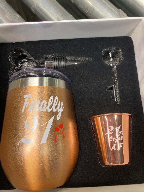 Photo 1 of 21st Birthday Gifts For Women, Funny Birthday Wine Gifts Ideas for Her, Friend, Daughter, Sister | Unique Finally 21 Stainless Steel Wine Tumbler Shot Glass Set For 21 Year Old