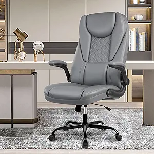 Photo 3 of **DAMAGED***(SEE NOTES)Guessky Office Chair,Executive Leather Chair Home Office Desk Chair with Adjustable Flip-Up Armrest Mid Back Lumbar Support Swivel Task Chair with Rocking Function (Gray)