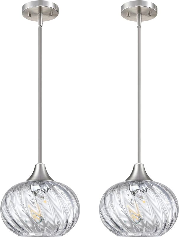 Photo 1 of 2 Pack 1 Light Hanging Indoor Kitchen Island Pendant Light 7.75" Hammer Clear Swirl Glass Pendant Ceiling Light Fixtures Brushed Nickel Finish Modern Farmhouse Dinning Over Sink
