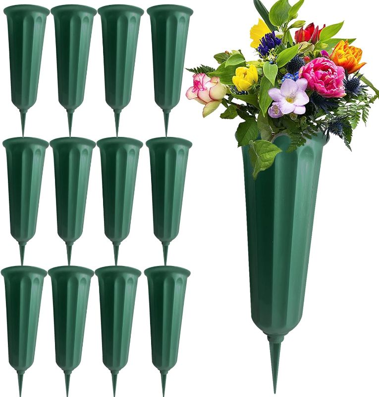 Photo 1 of 12 Pack Memorial Flower Vase Plastic Cemetery Vases with Spikes Cemetery Decorations for Grave Decorations for Cemetery Vases for Flowers Plastic Vases for Flowers Cemetery Flowers for Grave Vase