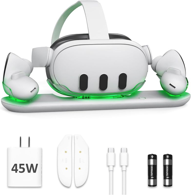 Photo 1 of D.Gruoiza VR Charging Station with 45W USB-C Charger for Oculus/Meta Quest 3,LED Indicator Charging Dock Simultaneously Charging Headset and Touch Controller with 2 Rechargeable Battery