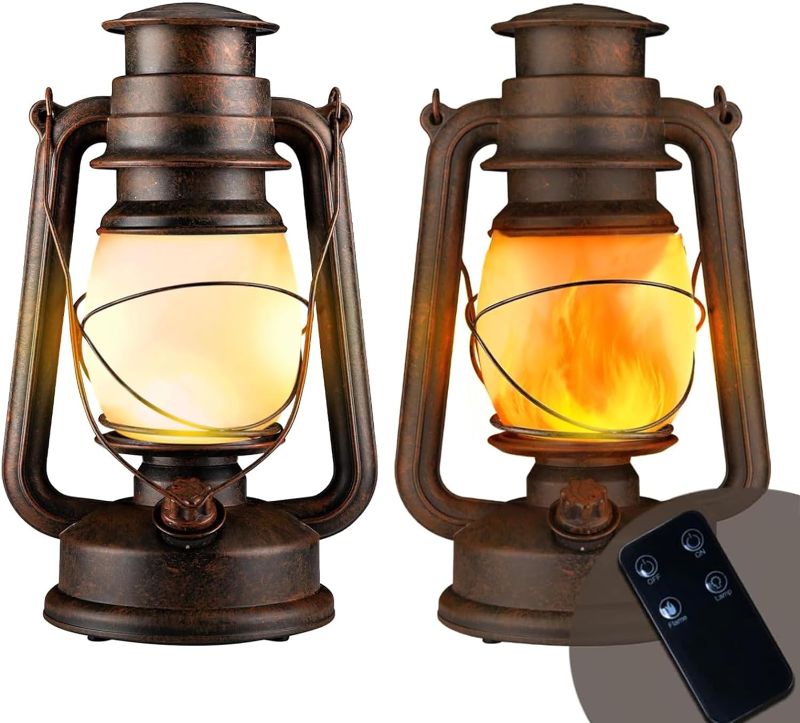 Photo 1 of  Flame Led Vintage Lantern, Outdoor Hanging Plastic Lantern Operated with Remote Control Two Modes Christmas Decorations Lights Battery Powered for Garden Patio Deck Yard Path 2 Pack ****USED NO REMOTE AND ONE DOESN'T WORK **** 