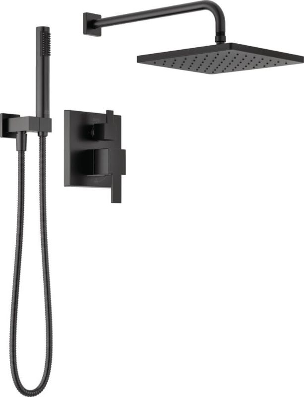 Photo 1 of  Modern Raincan 2-Setting Square Shower System Including Rain Shower Head and Handheld Spray Black, Rainfall Shower System Brushed Black, Shower Valve Trim Kit, Matte Black