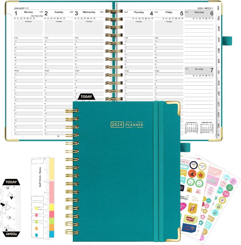 Photo 1 of 2024 Weekly Planner Spiral Bound Hourly Planner Monthly Daily Green Work Planners
