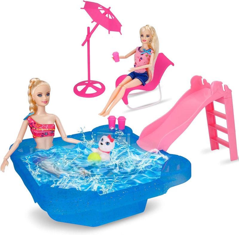 Photo 1 of BETTINA Pool Playset - Glam Pool with Slide, Doll Pool Accessories Includes Beach Chair, Beach Umbrella, Dog, Swimming Pool Set for 12 Inch Dolls, Bath Toys for Dolls

