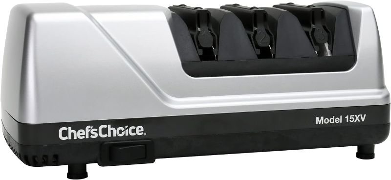 Photo 1 of Chef'sChoice 15XV EdgeSelect Professional Electric Knife Sharpener with 100-Percent Diamond Abrasives and Precision Angle Guides for Straight Edge and Serrated Knives, 3-Stage, Gray