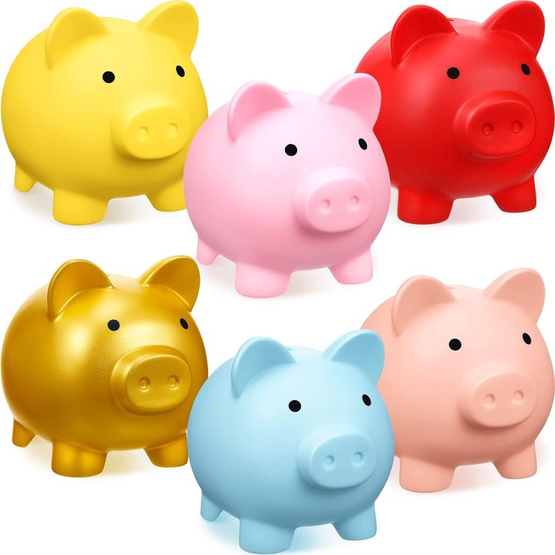 Photo 1 of 6 Pack Plastic Piggy Bank Pig Money Bank Kids Cute Piggy Bank Coin Bank for Girls Boys Saving Money Box Children Toy Gifts for Birthday, Valentine's Day, Baby Shower (Colorful, 5.1 x 3.9 x 4.5 inch)