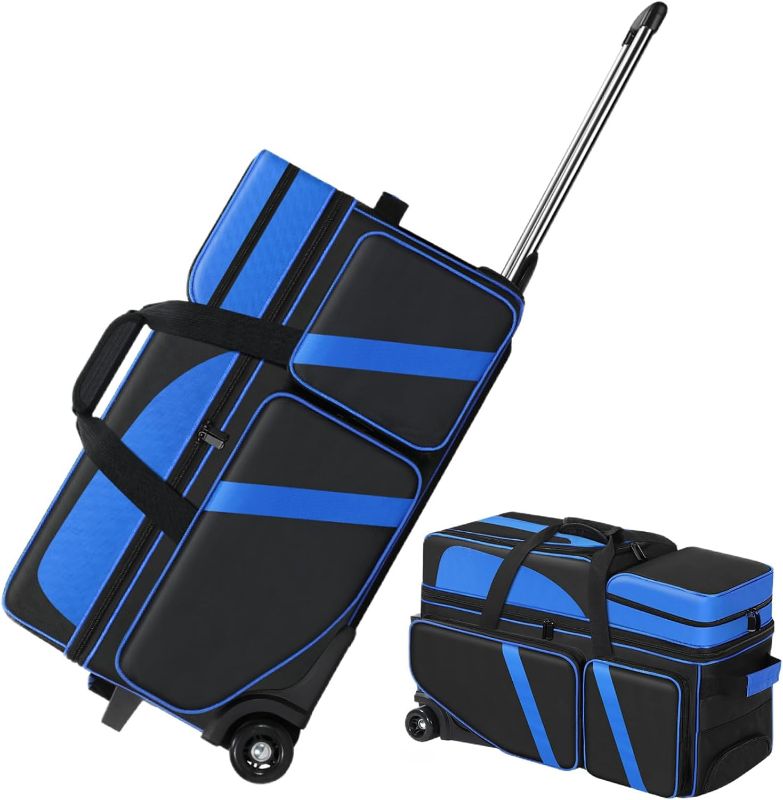 Photo 1 of 3 Ball Bowling Bags with Wheels,Fixed Bowling Ball Cup With Velcro,Independent Shoe Compartment,Bowling Ball Bag 3 Ball Roller with Multiple Pockets, Retractable Handle Extend Up to 43.3In 