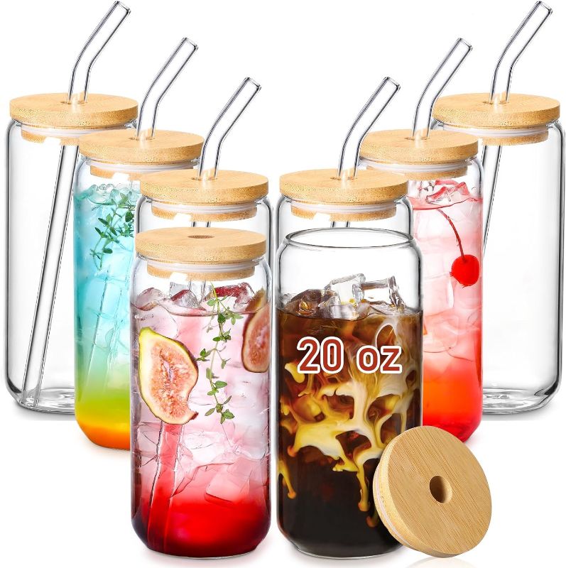 Photo 1 of [ 8 Pack ] 20 OZ Glass Cups with Bamboo Lids and Glass Straw - Beer Can Shaped Drinking Hurricane Glasses, Iced Coffee Glasses, Cute Tumbler Cup, Aesthetic Coffee Bar Accessories, Gifts ***NO STRAWS INCLUDED***