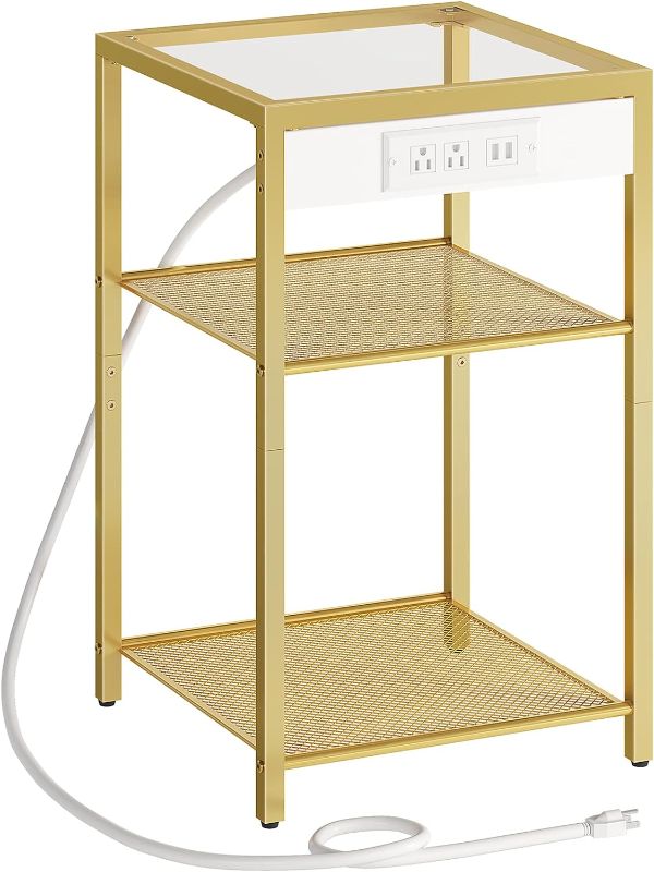 Photo 1 of ***MISSING PIECES//SOLD AS PARTS*** 
End Tables Set of 2 with Charging Station, Side Tables with USB Ports & Power Outlets, 3-Tier Nightstands with Storage Shelves, Tempered Glass, for Living Room, Bedroom, Gold GD77UBZP201