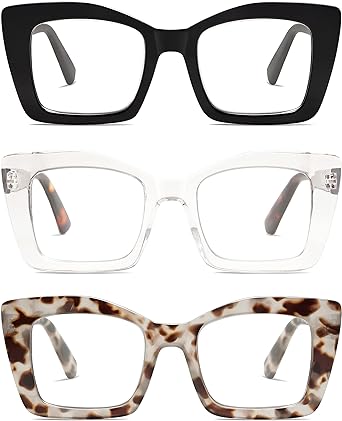 Photo 1 of 3-Pack Retro Square Reading Glasses for Women Trendy Blue Light Blocking Readers 1.5 with Spring Hinge AM6066