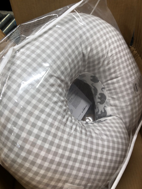 Photo 1 of Boppy Original Nursing Support, Gray Elephants Plaid, Ergonomic Breastfeeding, Bottle Feeding, and Bonding, with Removable Cover, Machine Washable, FKA Nursing Pillow