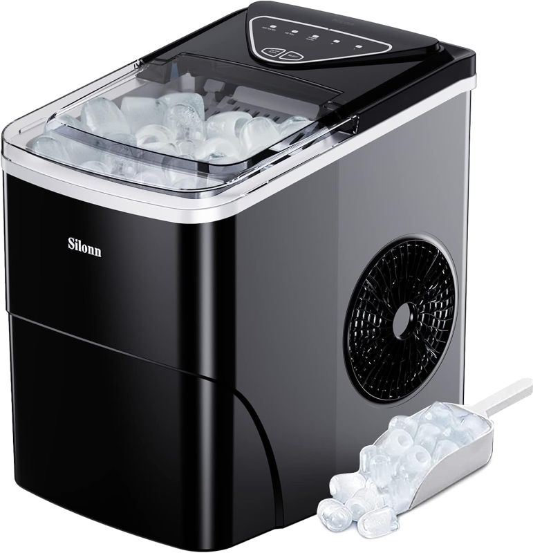 Photo 1 of **FOR PARTS**Silonn Ice Maker Countertop, 9 Cubes Ready in 6 Mins, 26lbs in 24Hrs, Self-Cleaning Ice Machine with Ice Scoop and Basket, 2 Sizes of Bullet Ice for Home Kitchen Office Bar Party