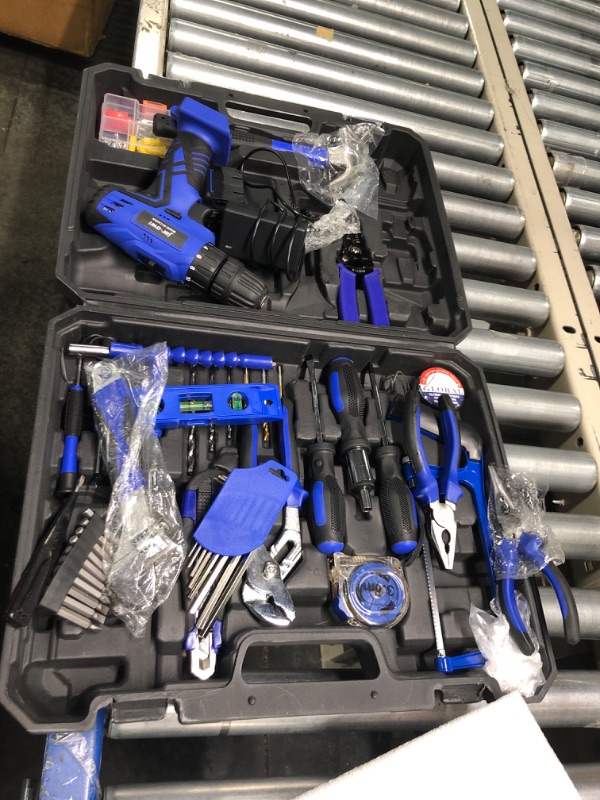 Photo 2 of jar-owl 21V Tool Set with Drill, 350 in-lb Torque, 0-1350RMP Variable Speed, 10MM 3/8'' Keyless Chuck, 18+1 Clutch, 1.5Ah Li-Ion Battery & Charger for Home Tool Kit Brushed Motor Blue Drill with Tool