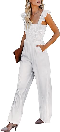 Photo 1 of AVALEBETI Womens Ruffle Spaghetti Straps Smocked High Waisted Wide Leg Jumpsuits Rompers with Pockets