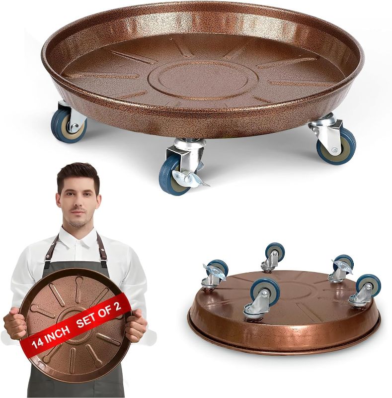 Photo 1 of 14" Metal Plant Caddy with 5 Iron Wheels Heavy Duty 2Pack, Big Round Rolling Plant Stand with Brake Casters, 350Lbs Capacity, Mobile Indoor Outdoor Flower Potted Tray Dolly, Bronze
