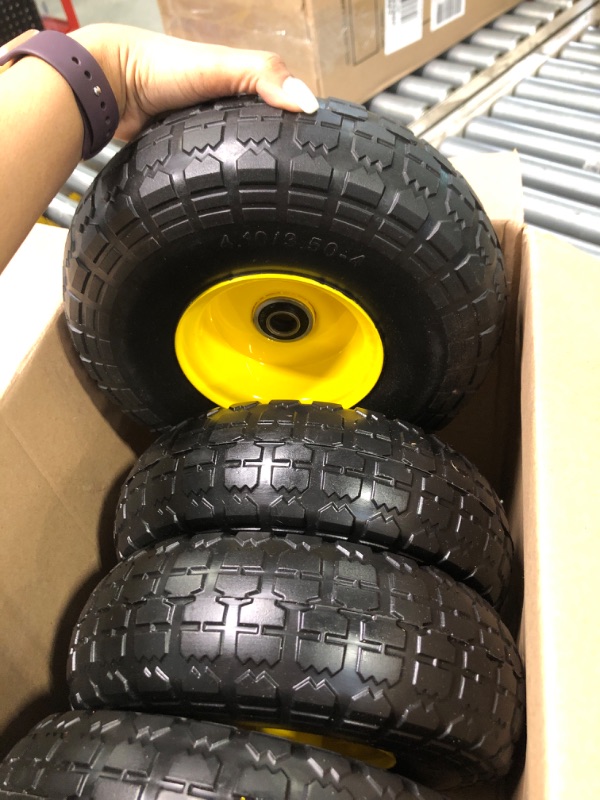 Photo 3 of 4.10/3.50-4 tire and Wheel,10" Flat Free Solid Tire Wheel with 5/8" Bearings,2.1" Offset Hub,for Gorilla Cart,Garden Carts,Dolly,Trolley,Dump Cart,Hand Truck/Wheelbarrow/Garden Wagon(4-Pack)