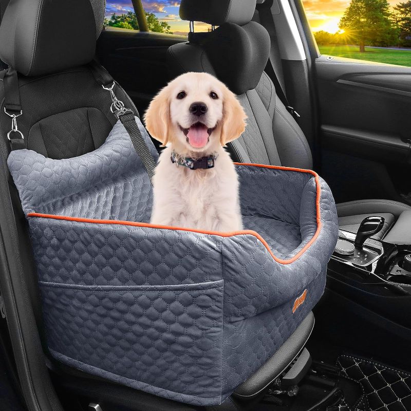 Photo 1 of Dog Car Seat - Memory Foam Dog Booster Seat for Small Dogs Up to 25lbs-Elevated Pet Car Seat with Storage Pockets and Dog Seat Belt-Soft Pet Travel Bed for Front & Back Seats-Removable Washable-Grey