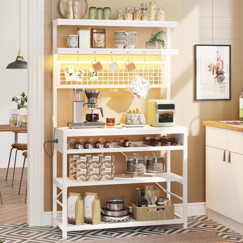 Photo 1 of ** may be similar to image, no instruction book or tools**
Itaar Bakers Rack with Power Outlet, 6-Tier Coffee Bar, Microwave Stand with Wine Rack, LED Lights and 10 Hooks, Bakers Racks for Kitchens with Storage, White