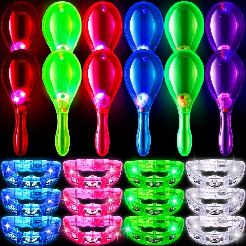 Photo 1 of Libima 24 Pcs LED Light up Tambourine Tambourin and Mini Maracas Musical Kid Adult Handheld Plastic Tambourine Bell LED Flashing Shaker Neon Mexican Decor Noisemaker for Easter Party Favor Birthday
