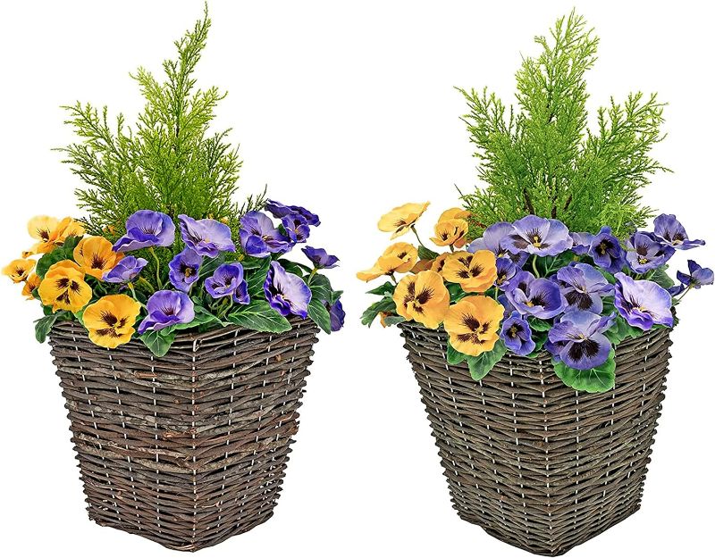 Photo 1 of 2 x Artificial Rattan Patio Planters with Purple and Yellow Faux Silk Pansies and Conifer/Cedar Topiary ideal for Home, Patio, Garden Outdoor Living 60cm/23.5in****USED**** 
