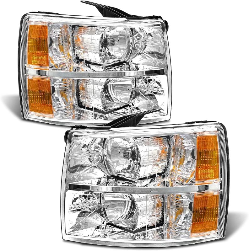 Photo 1 of ADCARLIGHTS 2007 2008 2009 2010 2011 2012 2013 2014 Silverado Headlight Assembly for 07-13 Chevy Silverado 1500/07-14 Silverado 2500HD 3500HD Clear Lens Chrome Housing Amber Reflector Replacement
