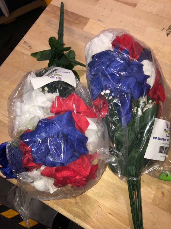 Photo 4 of 2 Artificial  bouquet Flowers Roses Bloom Bush Spring Faux Flower Arrangement for Outdoor & Indoor Wedding Home Decor, Cemetery Decorations for Grave, Summer Flowers Red White Blue 11. Rd/Wt/Bl_rose Lily 2