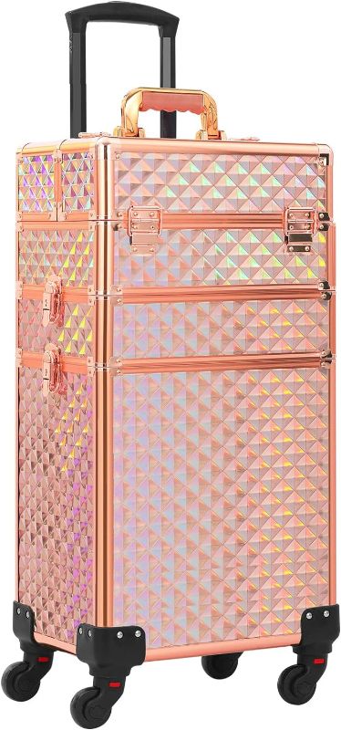 Photo 1 of Somduy Rolling Makeup Case 3 in 1,Professional Makeup Train Case organizers,Large Storage Cosmetic case Trolley,Makeup Travel Case for Salon Barber Rose Gold,Pink
