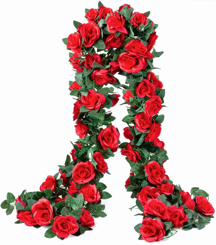 Photo 1 of 2 Pack (16FT) Artificial Rose Vine Fake Flowers Garland Hanging Silk Rose Ivy Plants Vine for Mother's Day Wedding Arch Party Garden Wall Aesthetic Art Décor (Red)
