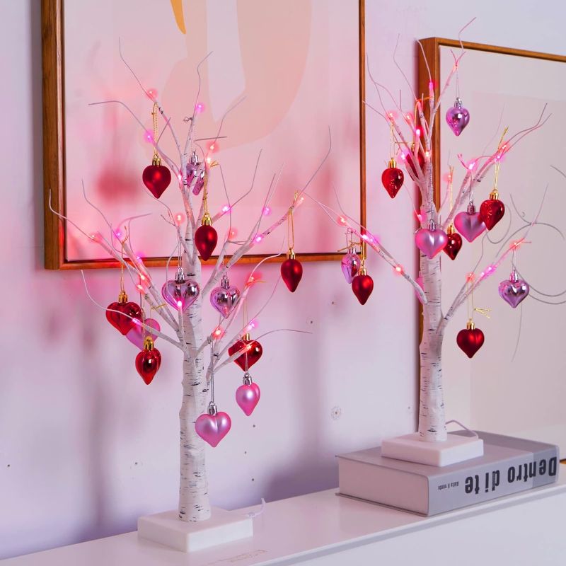 Photo 1 of 2Pack Valentines Day Decor Lighted Birch Tree with Heart-Shaped Ornaments,USB&Battery Operated Light Up Artificial Tree for Home Indoor Bedroom Wedding Party Valentines Day Decoration