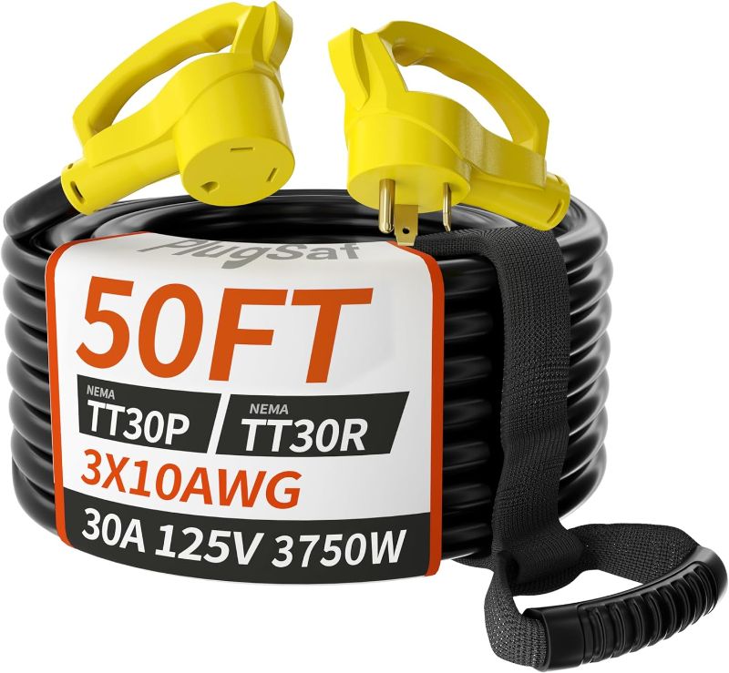 Photo 1 of 50 FT 30 Amp RV Extension Cord Outdoor with Grip Handle, Flexible Heavy Duty 10/3 Gauge STW RV Power Cord Waterproof with Cord Organizer, NEMA TT-30P to TT-30R, Black-Yellow, ETL Listed
