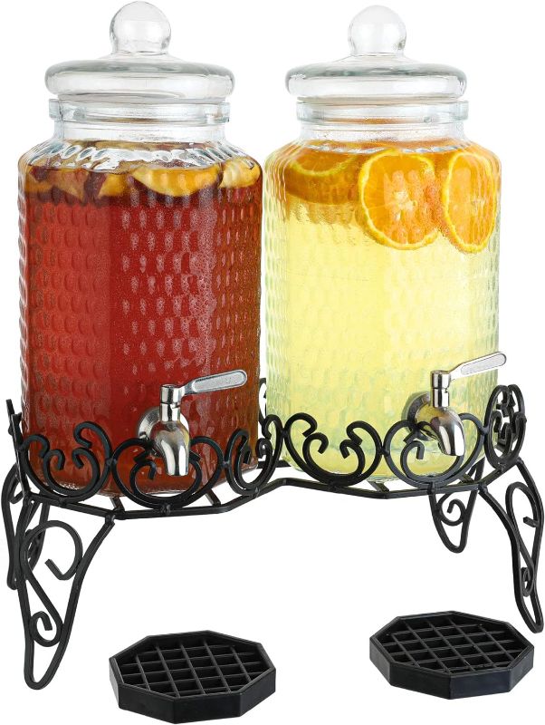 Photo 1 of ** missing coasters** 
Premium Glass Beverage Dispenser Set - 2 Gallon Dispensers with Stand, Spigot, and Drip Trays | Ideal for Juice, Tea, and Party Drinks | Elegant Pitcher for Parties and Events