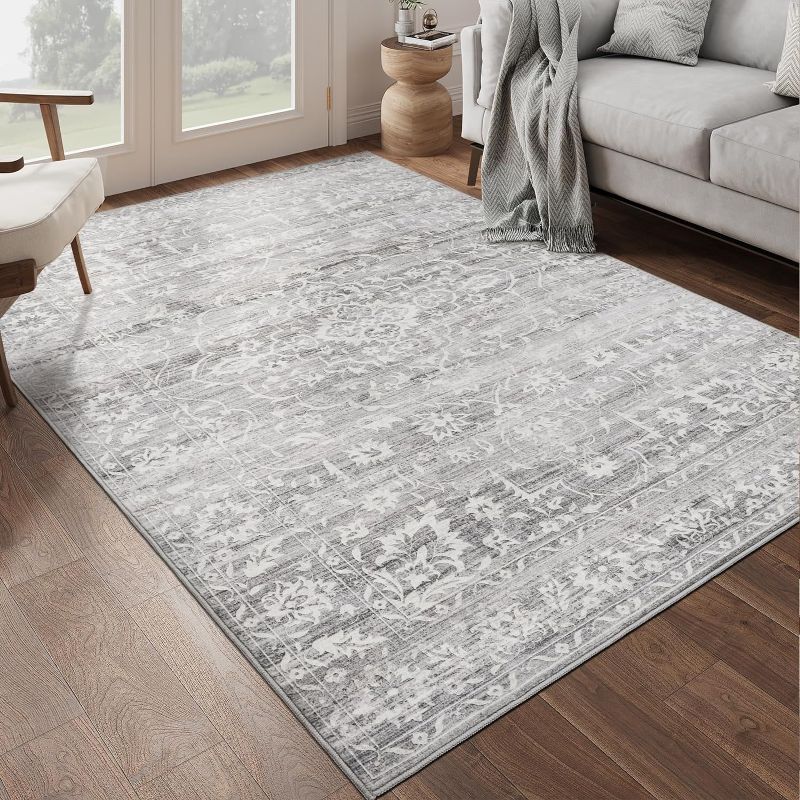 Photo 1 of 8x10 Area Rugs for Living Room, Stain Resistant Washable Rugs for Dining Room, Kitchen, Floral Vintage Non-Slip Gray Large Area Rug(Grey, 8'x10')