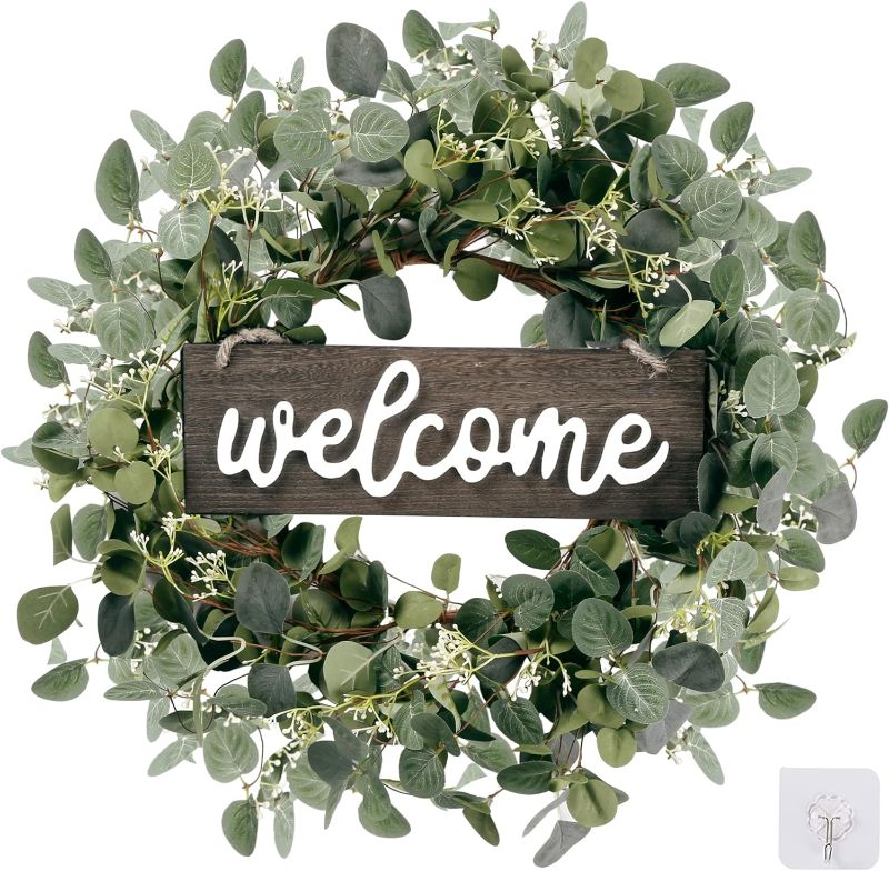 Photo 1 of  Sggvecsy Green Eucalyptus Leaf Wreath with Welcome Sign 20in Artificial Eucalyptus Wreath Spring Summer Wreath for Front Door Wall Window Farmhouse Festival Porch Patio Garden Decor