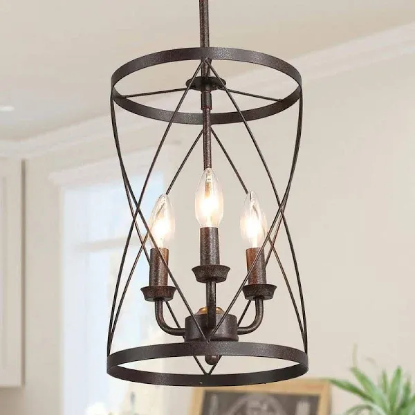 Photo 1 of  Farmhouse Chandeliers for Dining Room,  Rustic Drum Chandelier, Industrial Cage Pendant Light for Entryway Kitchen Bedroom, Black with Retro Wood Texture Interior, E12 Base Drum
***Stock photo is a similar item, not exact*** 