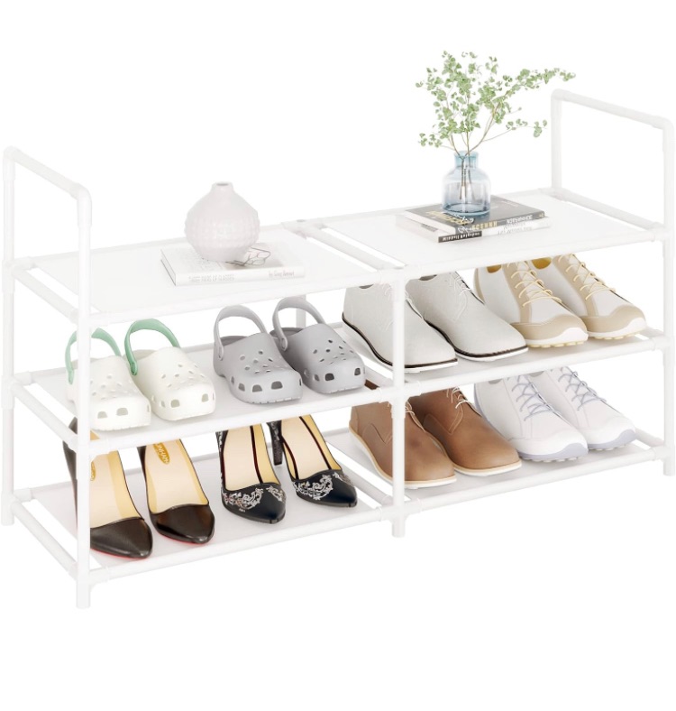 Photo 1 of 3-Tiers Shoe Rack 12-15 Pairs Shoe Shelf?Stackable and Adjustable Multifunctional Thickened Non-Woven Shoe Organizer for Entryway, Dorm, Hallway (White-3L)