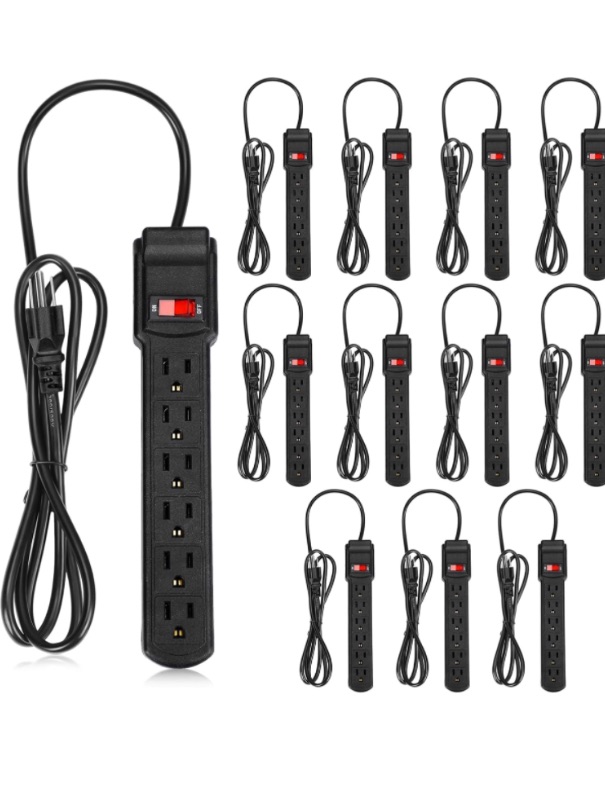 Photo 1 of 12 Pcs 6 Outlet Surge Protector Power Strip 6ft Long Extension Electrical Outlet Extender Power Strips with Surge Protection Rectangular Flat Plug Power Strip for Home Office (Black)