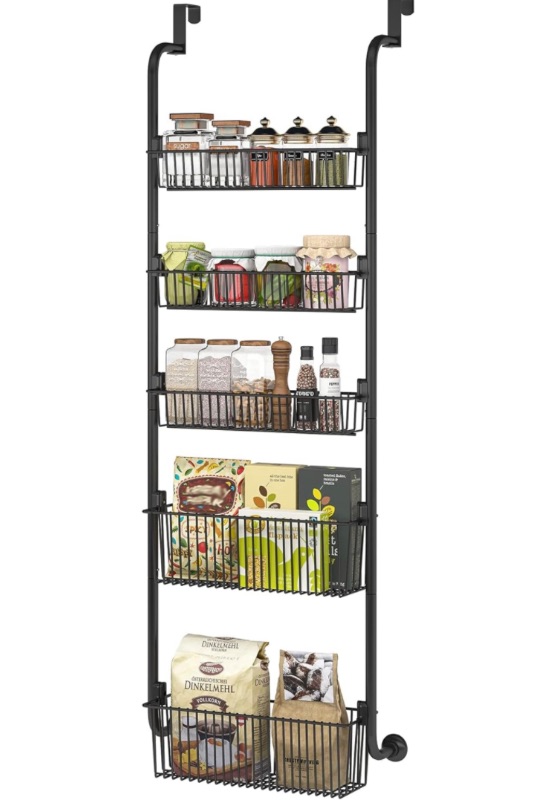 Photo 1 of 1Easylife Over the Door Organizer 5-Tier for Pantry Storage and Organization with 5 Baskets, Heavy-Duty Metal Spice Rack (3x4.72+2x5.9 Width Baskets, Black)
 
