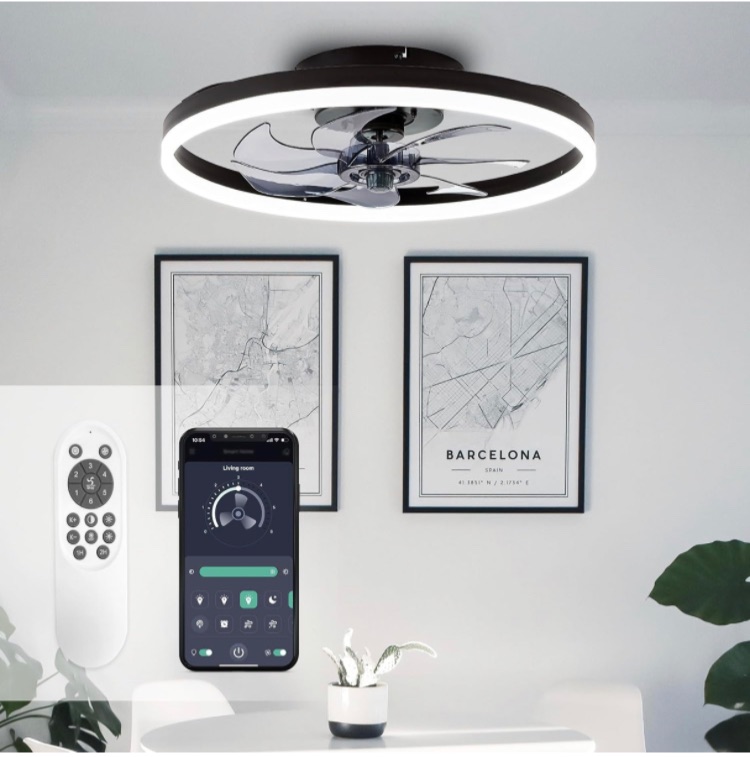 Photo 1 of  20'' Modern Low Profile Ceiling Fan with Light, Bedroom LED Ceiling Fan with Remote Control, Bladeless Flush Mount Black Fan Lights Ceiling Fixtures for Living Room,Small Room