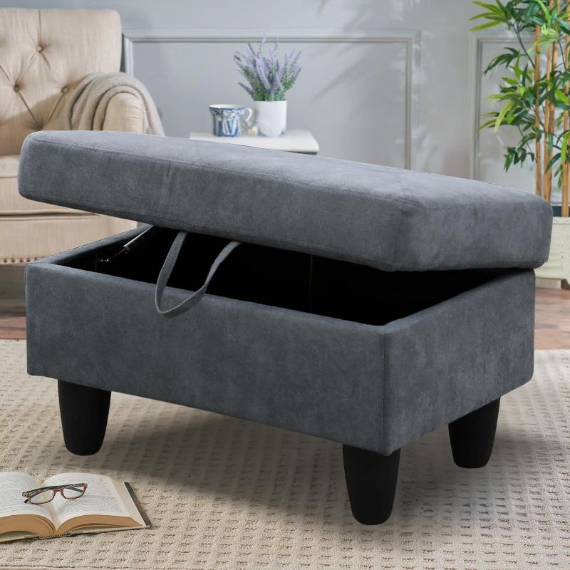 Photo 1 of 28.5'' Ottoman with Storage, Flannel Ottoman Foot Rest for Living Room Upholstered Footstool, Perfect Storage Ottoman Bench Bag Floor Chair for Bedroom or Entryway, Dark Grey
