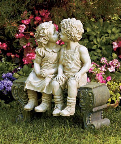 Photo 1 of ***DAMAGED LEG PIECE*** 
Cute Garden Smooching Children Boy Girl Sitting on Bench Statue Whimsical Flowerbed Yard Outdoor Sculpture Decor