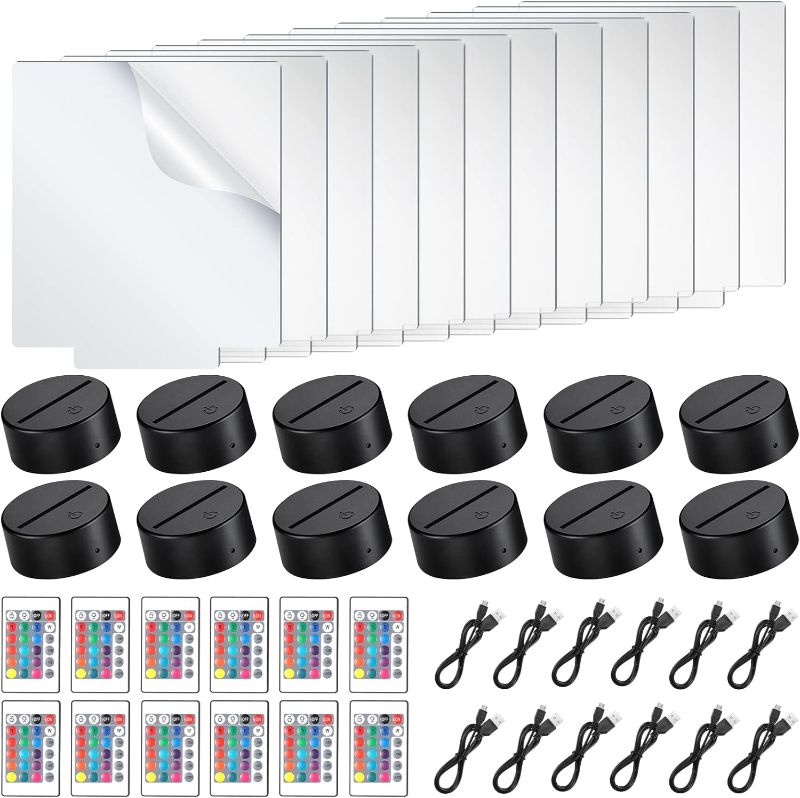 Photo 1 of 12 Pieces Clear Acrylic Sheets and 12 Pieces 3D Night LED Light Lamp Base with Remote Control and USB Cable, DIY Acrylic Lamp Base Set for Restaurant Bar Cafe Shop Room Decoration (Rectangular)
