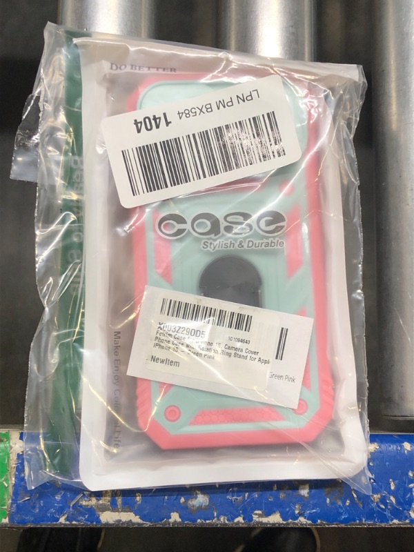 Photo 1 of Case for iPhone 15, Camera Cover Phone Case with Rotation Ring Stand for Apple iPhone 15 - Green Pink
